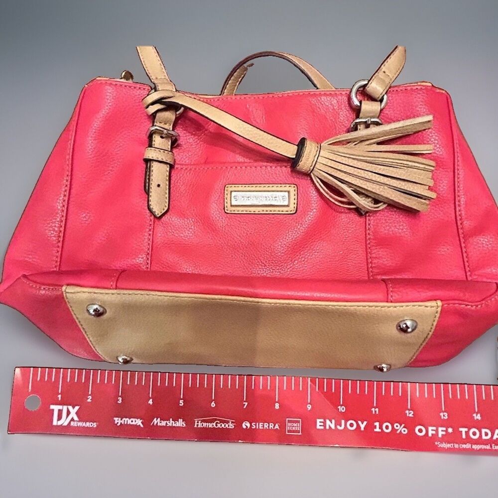 Tignanello Red Beige Pebbled Faux Leather Satchel Tassel Zip Pockets - Picture 8 of 10